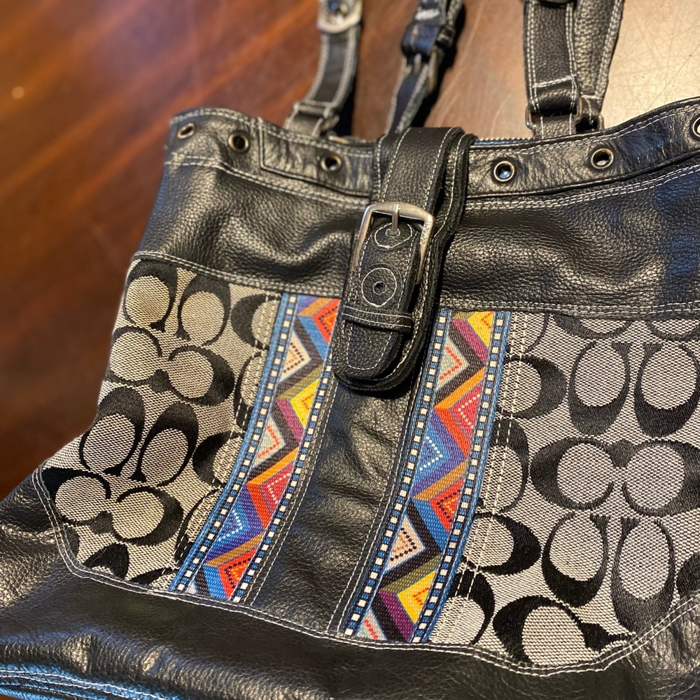 Upcycled Coach Satchel washed and leather added. - Picture 2 of 16